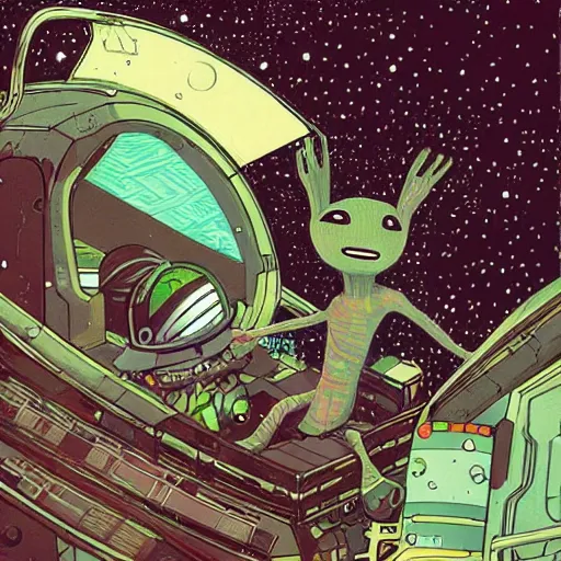 Prompt: baby groot in the space ship, by victo ngai