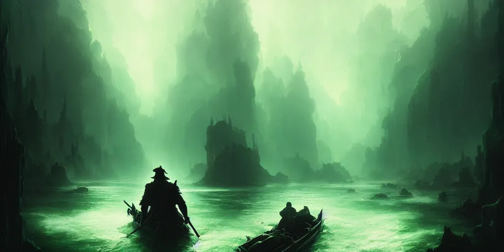 Image similar to magical subterranean river styx, a man in a cape on a boat with a sword, ethereal swirling green mist, dramatic lighting, magical atmosphere,, gothic illustration, greg rutkowski, andreas rocha, ashley wood, soft edges, low detail, trending on artstation