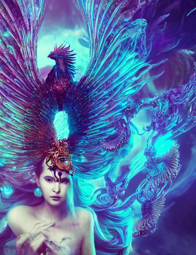 Image similar to goddess phoenix macro close - up portrait with crown made of ram skull. phoenix, betta fish, jellyfish, bioluminiscent, plasma, wind, creature, super intricate ornaments artwork by tooth wu and wlop and beeple and greg rutkowski