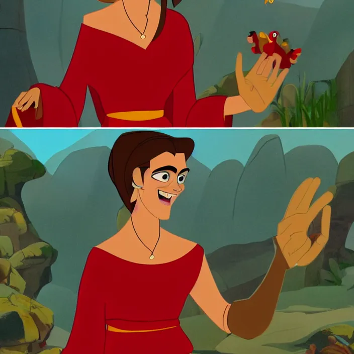 Image similar to Joyful! smiling Emma Watson wearing red clothes, in the style of The emperor's new groove (2000). Clear body. Light Clothes. Cinematic. Low angle. 8k. Clear Face.