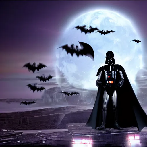 Image similar to darth vader fusion with batman on an epic cinematic background