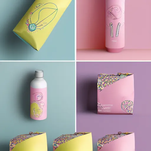 Prompt: pastel color, packaging design, kids products, gift packaging, bottle and label, behance, pintrest, kids, packaging, organic shapes, pattern