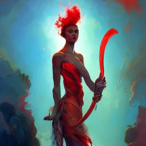 Image similar to a painting of a woman who made of curly silk with red edges is holding a sword, a digital painting by peter mohrbacher, trending on artstation, metaphysical painting, speedpainting, made of feathers, digital painting, holographic undertones, highly saturated colors, 4 k, digital art, concept art, trending on artstation