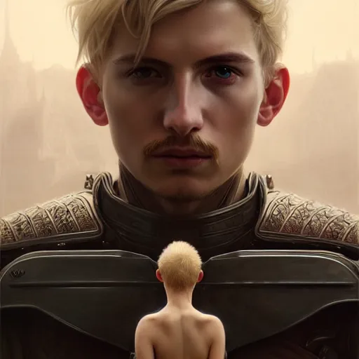 Prompt: portrait painting of a young melancholic man with a soft face and short light blonde hair wearing armor, ultra realistic, concept art, intricate details, eerie, highly detailed, photorealistic, octane render, 8 k, unreal engine. art by artgerm and greg rutkowski and charlie bowater and magali villeneuve and alphonse mucha