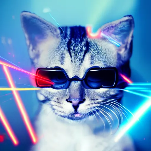 Prompt: cyborg kitten with laser shades, smoke, chrome, studio photo, digital art, 4k
