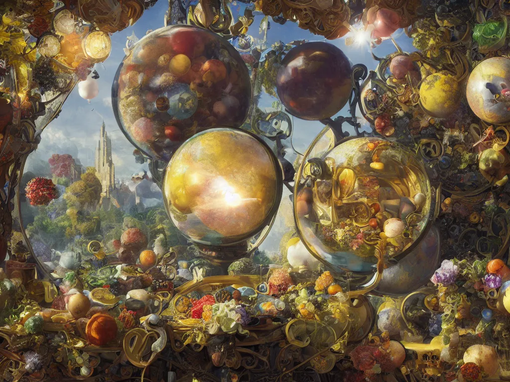 Image similar to 3 d render, sunlight study, the universe is a spheroid region 7 0 5 meters in diameter, art nouveau, by jan davidz de heem and ( ( ( ( ( lisa frank ) ) ) ) ), 8 k, sharp focus, octane render