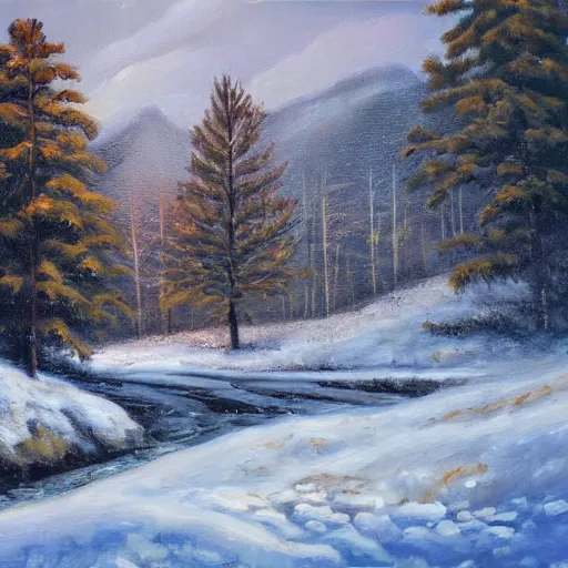 Prompt: oil painting, snow blizzard in woodland meadow, log cabin, smoke billowing from chimney, water stream, water wheel, oak trees, pine trees, mild breeze wind, mountain in background, high detailed