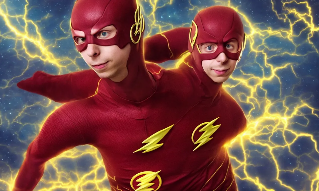 Prompt: photorealistic art of Michael Cera as the flash, dynamic lighting, space atmosphere, hyperrealism, stunning visuals