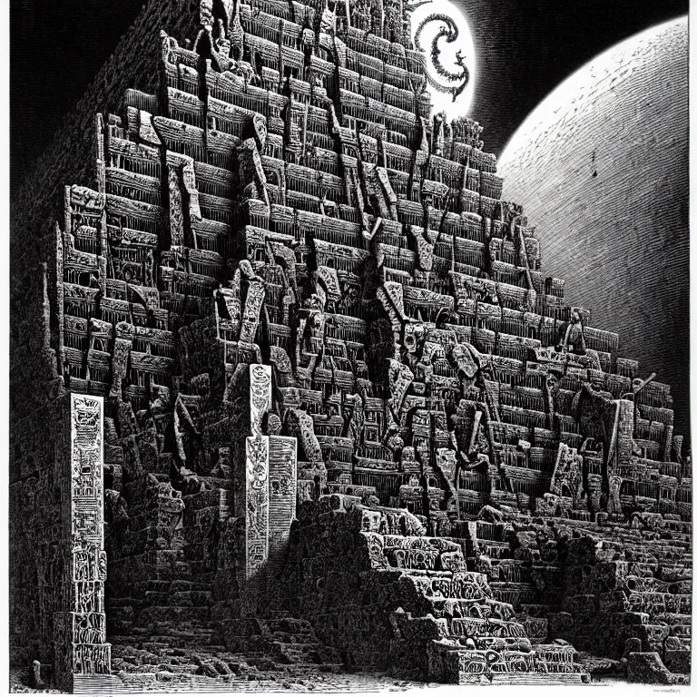 Image similar to the ruins of babylon. extremely high details, perfect face, black and white, masterpiece, magnum opus engraving by gustave dore, jean giraud, philippe druillet