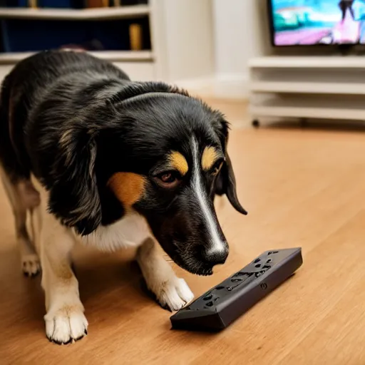 Prompt: a dog using a playstation, professional photography