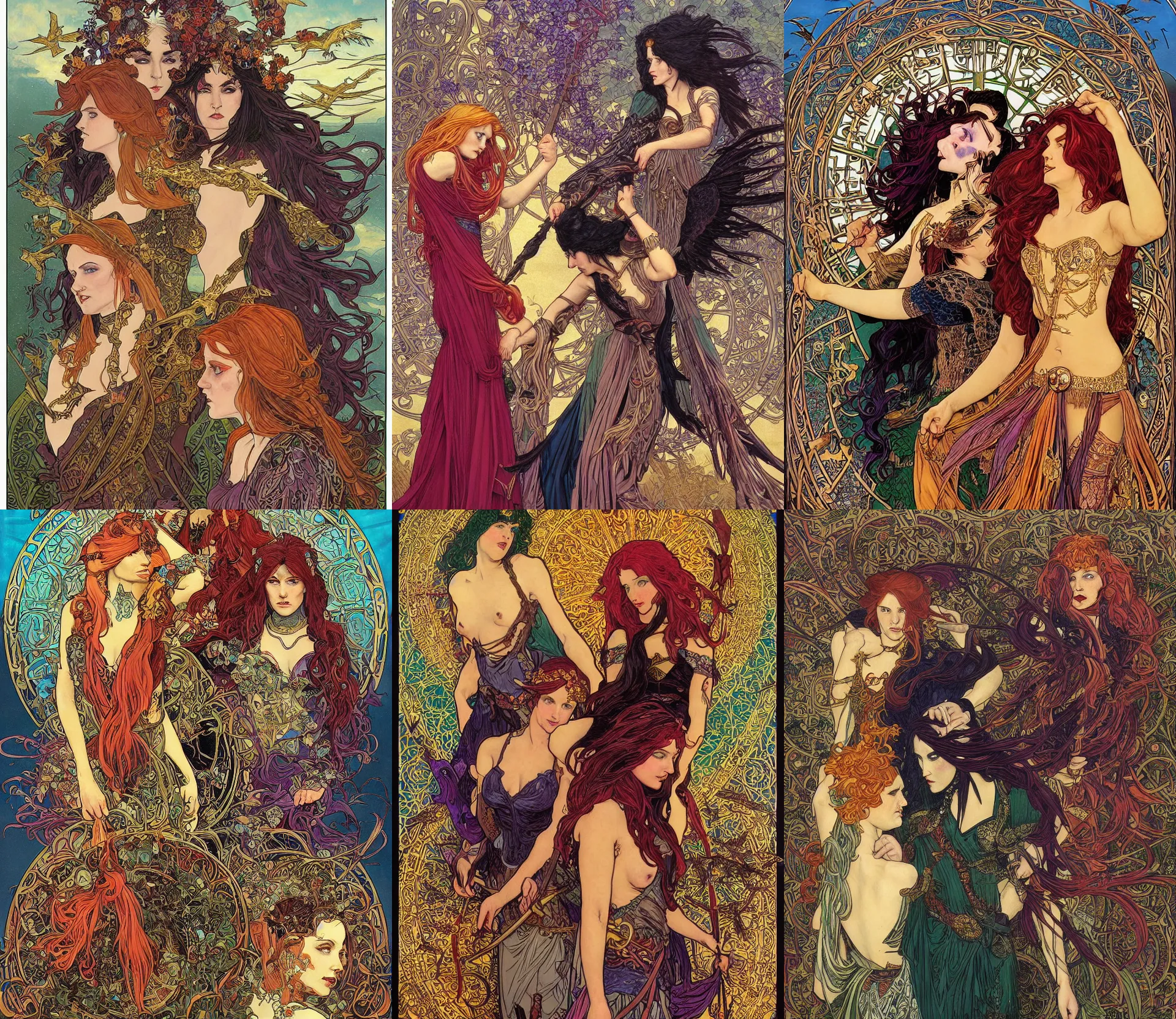 Prompt: a fine art painting of the Badb or Morrigan, the irish celtic godesses of war and battle, one is a redhead, one is a brunette, one is blond, preparing for battle, surrounded by a murder of crows, celtic fantasy, painting by dan mumford and jim fitzpatrick, by Alphonse Mucha, detailed, colorful