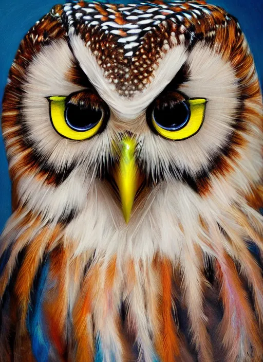 Prompt: realistic portrait beautiful painting of japanese owl, colorful bird feathers. full body, fine art, trending on artstation, smooth draw, sharp focus, digital art, bright colors, fine draw, perfect lighting, high render, high resolution.