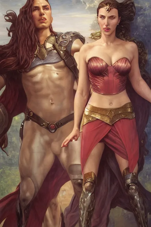 Image similar to A fantasy comic book style Oil Painting portrait of Scarlett Johansson and Gal Gadot, as Atlantean Reptilian Warriors, Mystical Valkyrie, unreal 5, DAZ, hyperrealistic, octane render, Regal, Refined, Detailed Digital Art, RPG portrait, William-Adolphe Bouguereau, Michael Cheval, Walt Disney (1937), François Boucher, Steampunk, Josephine wall, dynamic lighting, Highly Detailed, Cinematic Lighting, Unreal Engine, 8k, HD