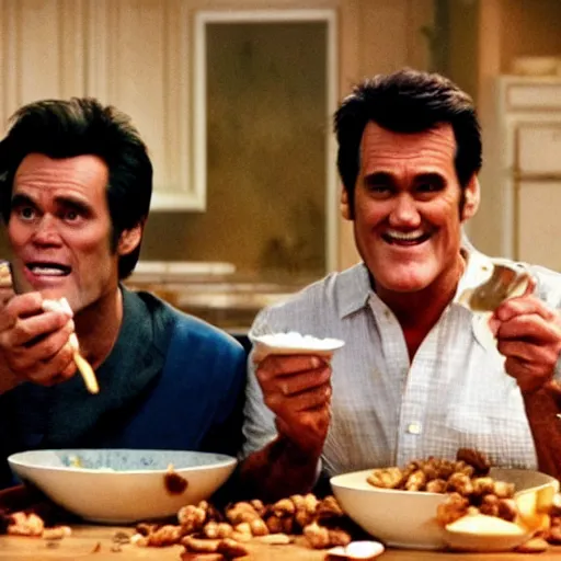 Prompt: a cinematic shot of Jim Carrey & Bruce Campbell eating from a bowl of cereal, cinematic, film grain, 8k