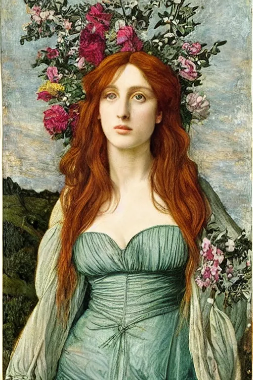 Image similar to a pre-raphaelite portrait of a woman in a mythical dress with floral decoration
