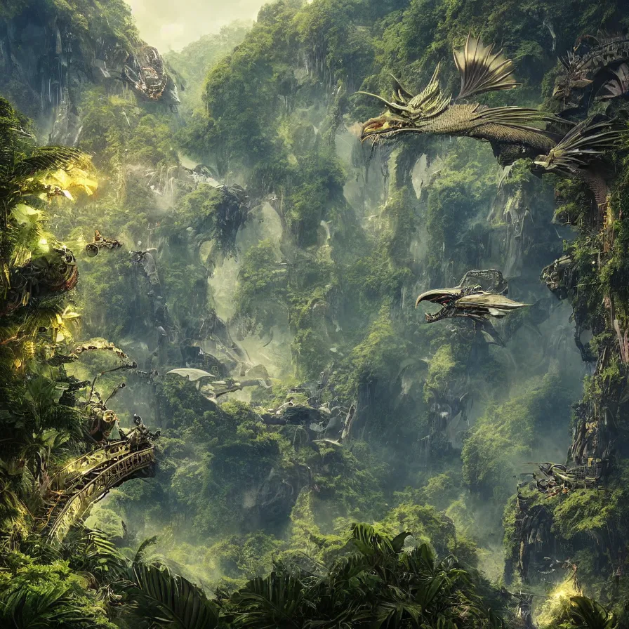 Prompt: hyperrealistic matte painting of futuristic robot quetzalcoatl, dragon, feathered dragon, flying above the jungle by eddie mendoza, beeple, 4 k, trending on cgsociety