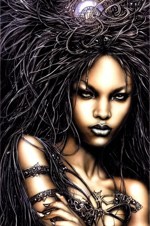 Image similar to a beautiful black goddess, fantasy, portrait, sharp focus, intricate, elegant, illustration, ambient lighting, art by Luis Royo