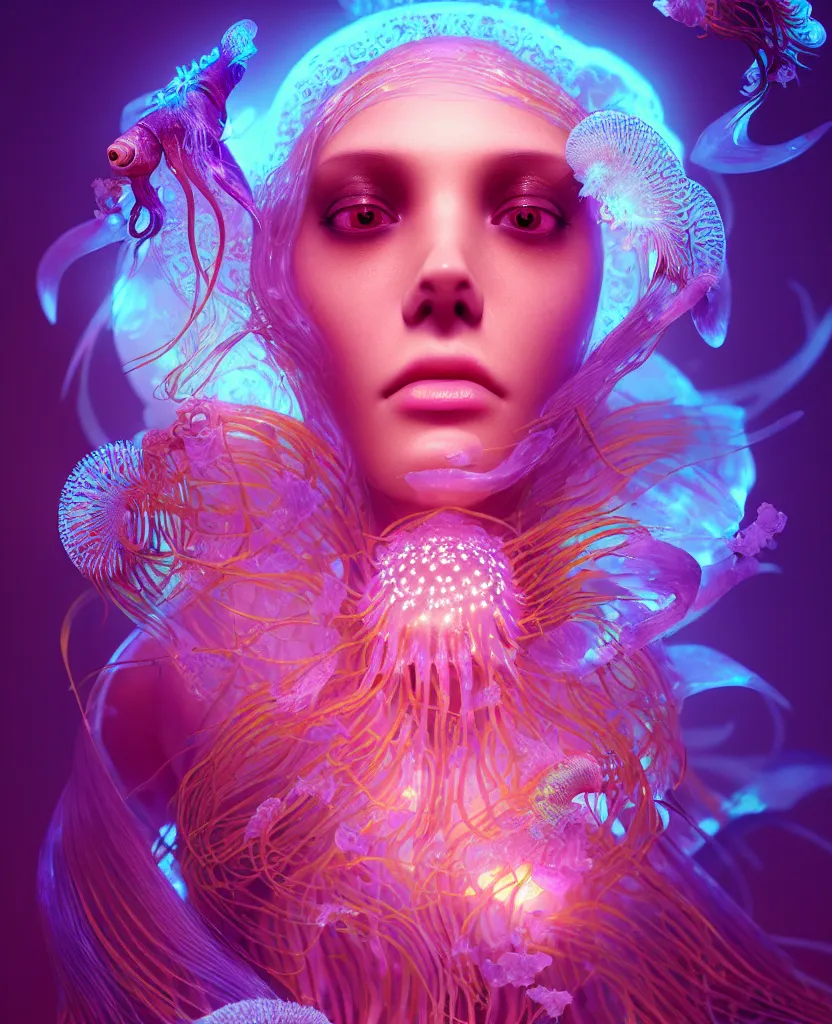 Image similar to goddess close-up portrait. orchid jellyfish phoenix head, nautilus, skull, betta fish, bioluminiscent creatures, intricate artwork by Tooth Wu and wlop and beeple. octane render, trending on artstation, greg rutkowski very coherent symmetrical artwork. cinematic, hyper realism, high detail, octane render, 8k