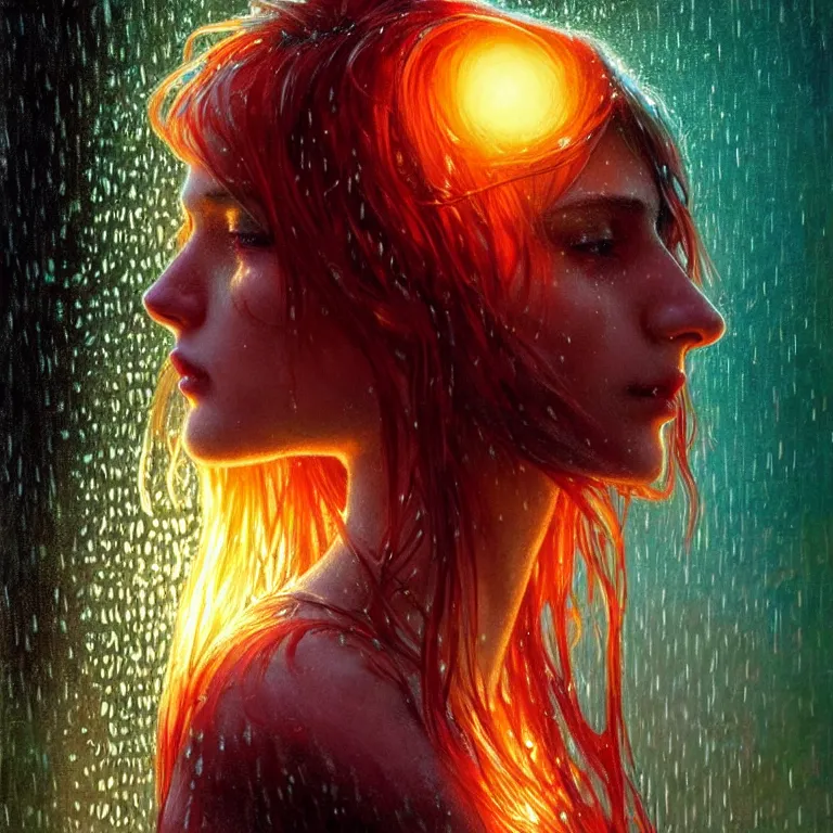 Image similar to bright asthetic portrait LSD glowing backlit rain on face and wet hair, fantasy, intricate, elegant, dramatic lighting, highly detailed, lifelike, photorealistic, digital painting, artstation, illustration, concept art, smooth, sharp focus, art by John Collier and Albert Aublet and Krenz Cushart and Artem Demura and Alphonse Mucha