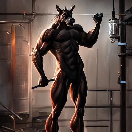 Prompt: splash art of a hyper - muscular black - coated anthropomorphic horse character in a research facility wearing a suit pumping chemicals into their muscles, long hair, exaggerated muscles, highly detailed, furry, furaffinity, digital painting, artstation, sharp focus, illustration, art by artgerm, greg rutkowski, alphonse mucha