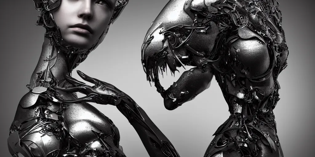 Prompt: hyper realistic photography of a stunningly beautiful cyborg female, elbow, thy, intimate, holding close, reflective chrome in the style of beth cavener, jin kagetsu,, and wlop, highly detailed, intricate filigree,, masterpiece, award winning, sharp focus, concept art, ringflash lighting, ambient lighting, octane render, 8 k, artstation