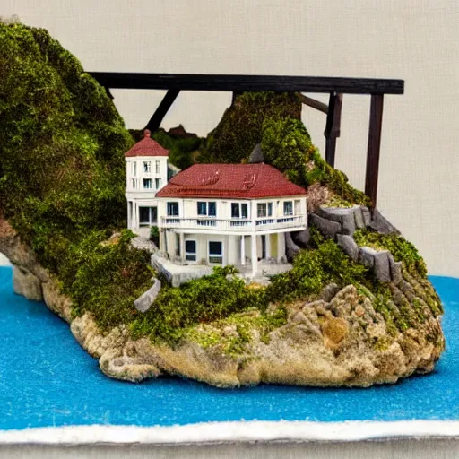 Prompt: a miniature diorama of a cliffside mansion overlooking a small beach