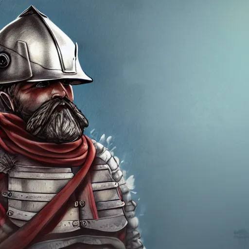 Prompt: An old man with a ginger beard, wearing knights armour and a fire fighters helmet, highly detailed, digital art, sharp focus, trending on art station, anime art style