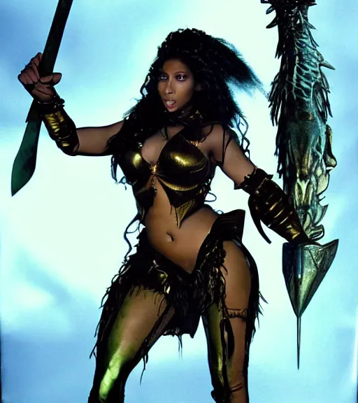 Image similar to 1 9 8 0 s fantasy novel book cover, nicki minaj in bikini armor holding a cartoonishly huge sword, dark smoky background, menacing dragon within the shadows