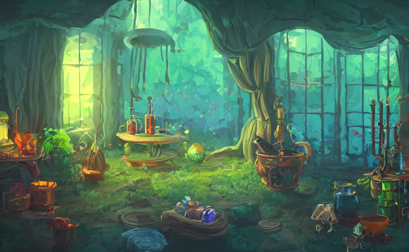 Image similar to interior of a witch's shot, bottles of potions, a large cauldron with bubbles, lush vegetation, artstation, concept art by peter chan, colorful lighting, pixel art