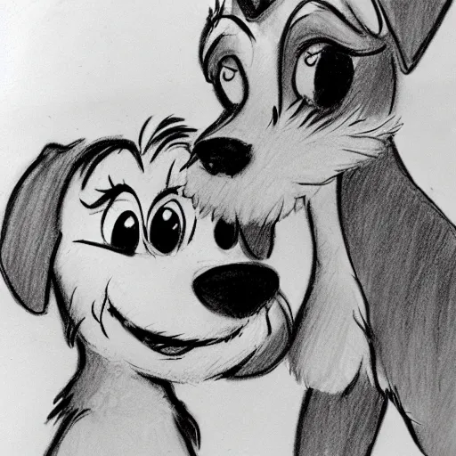 Image similar to milt kahl pencil sketch of happy mini schnauzer cartoon lady and the tramp style