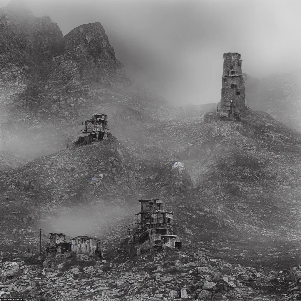 Image similar to one round tower, made up of makeshift squatter shacks in a vast mountain landscape, misty, dystopia, mamiya rb 6 7, fully frontal view, very detailed, photographed by ansel adams