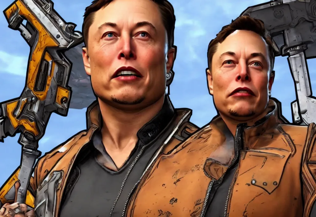 Image similar to elon musk in borderlands elon musk in the video game borderlands, gameplay screenshot, close up, 3 d rendering. unreal engine. amazing likeness. very detailed.