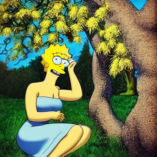 Image similar to “ beautiful woman under a tree, style of the simpsons ”