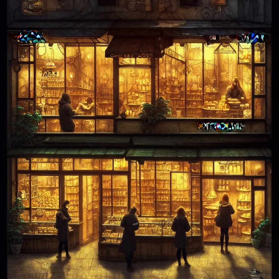 Image similar to a coffee shop store in The City of Ukraine at night with a few customers, extreme plus resolution fantasy concept art, intricate details to everything visible, sharp lighting, Dramatic light by denis villeneuve, strong emphasis on alphonse mucha, Makoto Shinkai