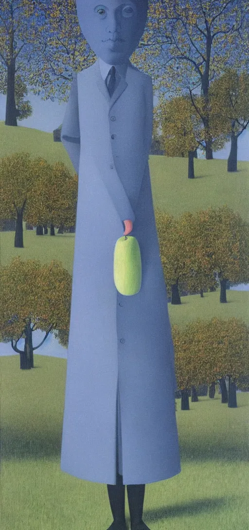 Image similar to Philosopher with apple head walking in the park on an Autumn night by Rene Magritte. Long surreal shadows. Blue.