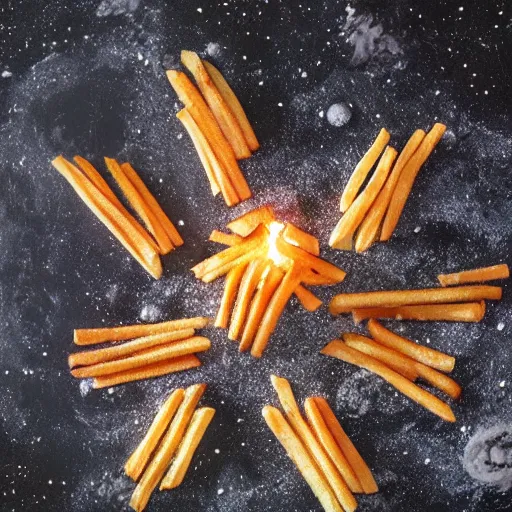 Image similar to photo of a family of fries making a campfire on the moon