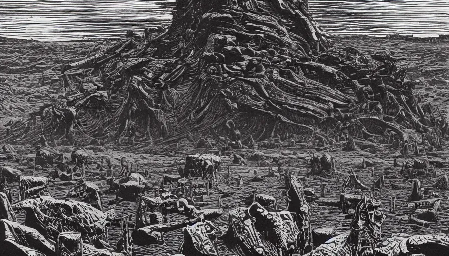 Image similar to linocut print of a desolate colony on mars by simon bisley, hr giger and beksinski, ink, detailed, clean lines