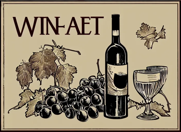 Prompt: wine bottle label template, linocut art print, grapes by greg rutkowski and thomas kinkade, vector graphic