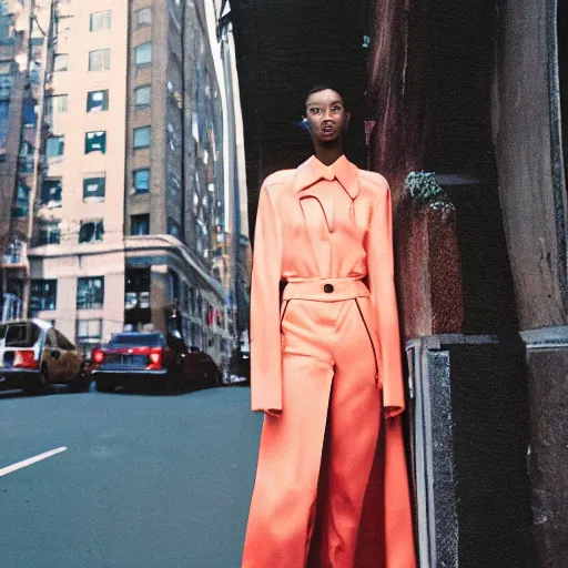 Image similar to realistic photoshoot for a new balenciaga lookbook, color film photography, portrait of a beautiful person, in style of Campbell Addy, location in new york, 35mm