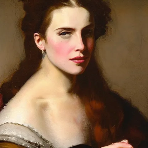 Prompt: portrait of Lana del Rey frowning and pointing her thumb down. painted by Rembrandt