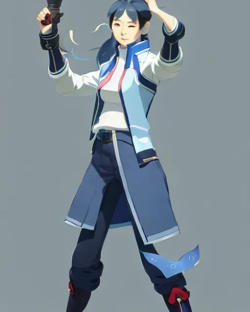 Image similar to a south korean female from video game paladins, she wears a light blue jacket, white ponytail hair, detailed perfect face, exquisite details, fire magic, mid view, design on a white background, by studio muti, greg rutkowski makoto shinkai takashi takeuch studio ghibli