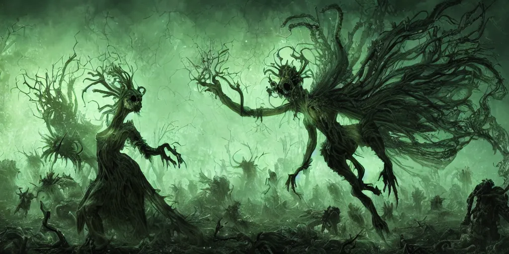 Prompt: A hauntedly beautiful yet grotesque wraith of pestilence and disease glowing with green ethereal light, with arms outstretched she hovers atop a hoard of swarming undead rats, high quality, hyperdetailed, fantasy,