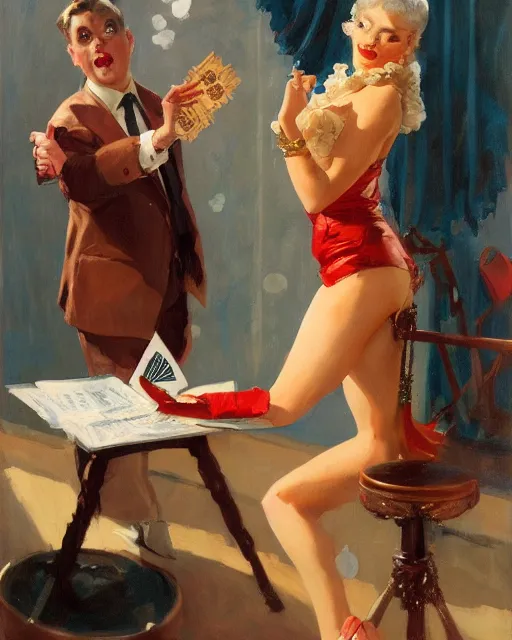 Image similar to burlesque woman selling bitcoin, commercial, buy bitcoin, craig mullins, j. c. leyendecker