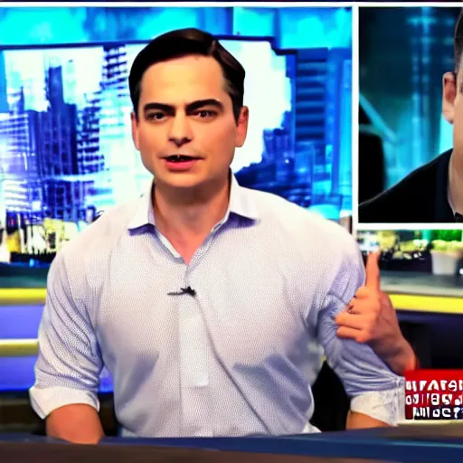 Prompt: ben shapiro flexing his biceps on the daily wire, news broadcast, tickets to the gun show