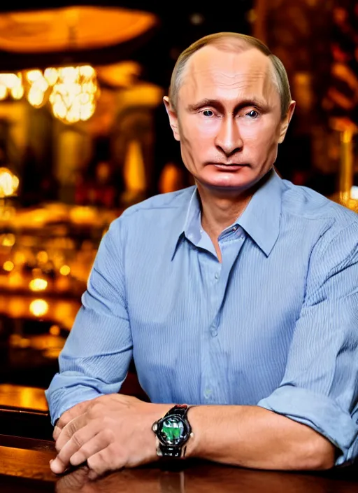 Prompt: a professional photo of person looking like vladimir putin sitting on bar, hand on table, wear watches looking like rolex watches, taken in night club, blur background