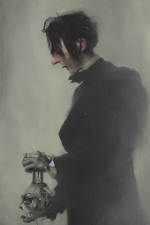 Image similar to detailed cinematic moody colors studio portrait of a possessed young victorian gentleman being controlled like a puppet, creepy evil vibe, high quality by jeremy mann, only one head single portrait