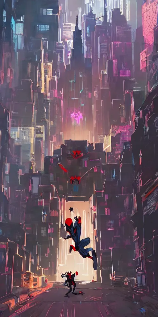 Prompt: the entrance of a stronghold located in the middle of new york city, by ashley wood and alberto mielgo, spiderman : into the spider - verse ( 2 0 1 8 ), masterpiece, award - winning, sharp focus, intricate concept art, ambient lighting, 8 k, artstation, pixiv