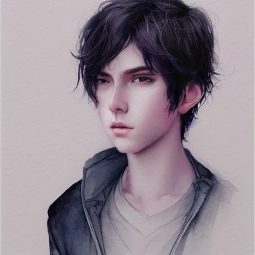 Image similar to young boy, black hair, purple eyes, gorgeous, amazing, delicate, elegant, intricate, highly detailed, watercolor, portrait, artstation, concept art, sharp focus, illustration, art by charlie bowater and Ross tran