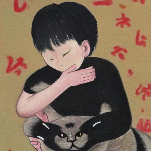 Image similar to a child attempts to hold an extremely angry cat, lowbrow painting by 奈 良 美 智