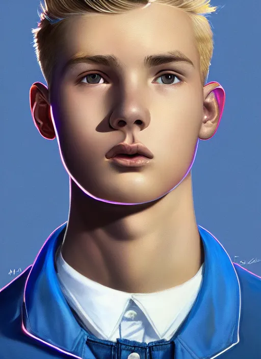 Image similar to portrait of a teenage boy named moose mason, blonde short hair, jock, beefy, square jaw, square facial structure, 1 9 5 0 s, blue varsity jacket, intricate, elegant, glowing lights, highly detailed, digital painting, artstation, concept art, smooth, sharp focus, illustration, art by wlop, mars ravelo and greg rutkowski